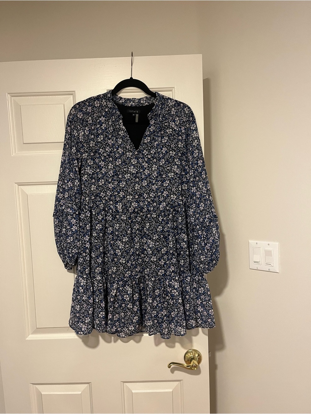 1. State Navy and White Floral Tiered Mini Dress